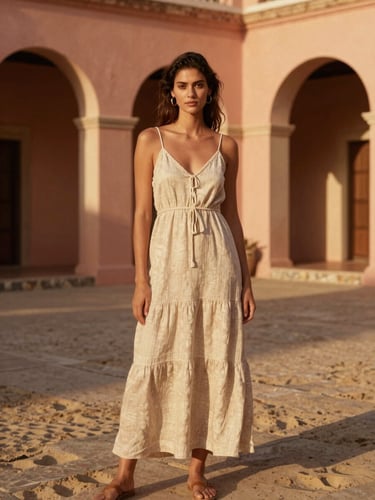 Editorial medium-long shot of a model in a linen resort dress standing in a sun-dappled architectural courtyard in San Juan, warm golden-hour light, 35mm.