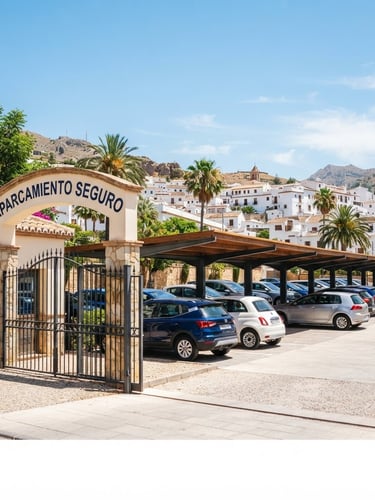 Bright editorial travel photography of a modern secure car park under the sunny Andalusian sky, gated entrance with high-contrast sun-shaded bays, sharp focus.