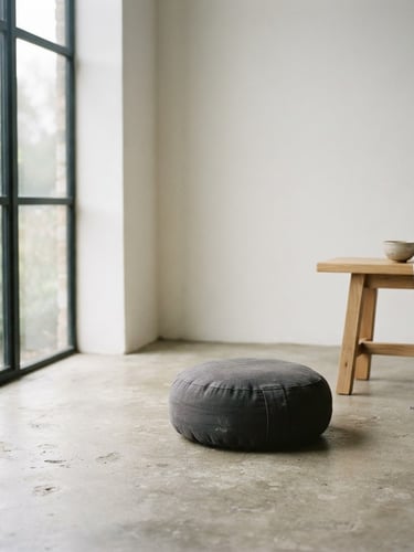 An empty meditation cushion on a concrete floor next to a low wooden bench, soft morning light from a side window, quiet minimalist atmosphere, 35mm photograph
