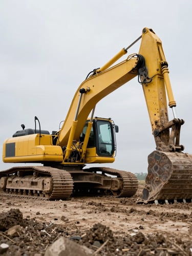 Low-angle dramatic industrial photography of a heavy yellow excavator working on a graded dirt platform under an overcast sky, high-contrast, sharp focus
