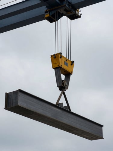 Close-up of a heavy industrial crane lifting a steel structural beam, sharp focus on cables and steel texture, dramatic overcast sky