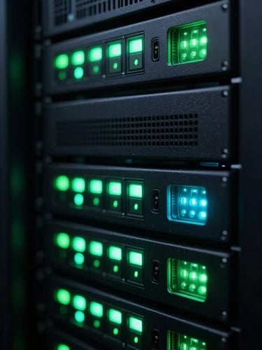 Macro shot of high-performance server racks in a dark data center, glowing neon green and cyan LED status lights, shallow depth of field, high contrast.