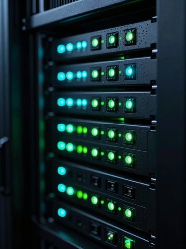 Macro shot of liquid-cooled server racks glowing with cyan and neon green LED indicators in an ultra-dark data center, high contrast, shallow depth of field