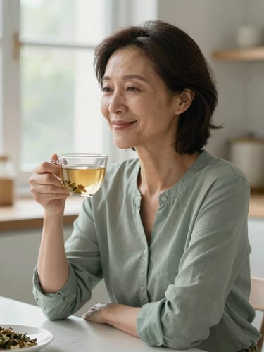 A mature woman in her late 40s smiling softly, sitting in a sunlit kitchen with a cup of herbal tea, soft natural window light, muted sage and slate tones, shallow depth of field, 35mm