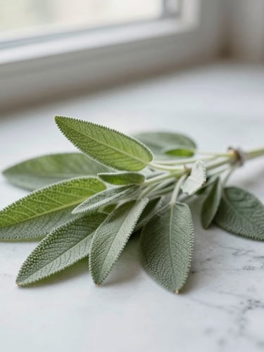 A close-up of natural botanicals and fresh sage leaves on a clean marble surface, soft natural window light, muted sage and slate tones, shallow depth of field, 35mm