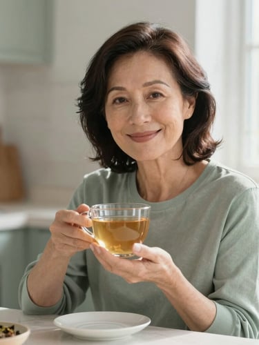 An elegant, mature woman aged 50 smiling softly, sitting in a sunlit kitchen with a warm cup of herbal tea, soft natural window light, shallow depth of field, 35mm