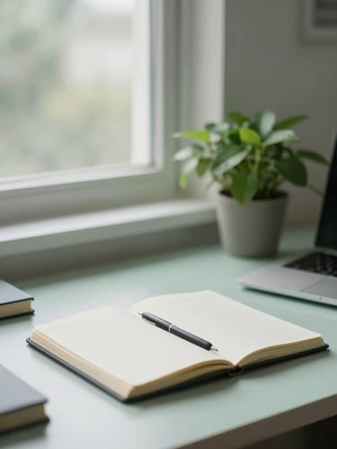 A serene, organized home office desk with a notebook, a green plant, and soft natural window light reflecting clinical calm, editorial lifestyle photography, 35mm
