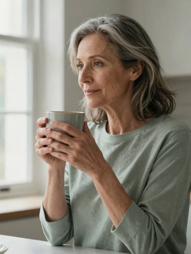 A mature woman of 50 with natural graying hair sitting in a sunlit kitchen, holding a warm mug, soft natural window light, shallow depth of field, muted sage tones, editorial lifestyle photography