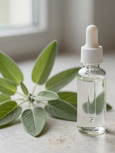 Close-up of fresh organic sage leaves and clean glass dropper bottle on a light stone surface, soft natural side light, shallow depth of field, clinical-editorial style