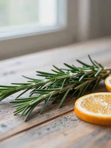 Close-up of fresh, organic rosemary sprigs and sliced citrus fruits on a rustic wooden table, soft natural window light, muted sage tones, shallow depth of field, 35mm