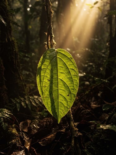 Macro shot of a vibrant green ayahuasca vine leaf, gently illuminated by golden sunbeams filtering through an ancient forest canopy, rich sepia tones, cinematic moody photography, warm chiaroscuro, 35mm film