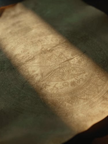 Close-up of aged parchment paper with subtle sacred geometry patterns, warm chiaroscuro lighting, rich sepia tones, 35mm film.