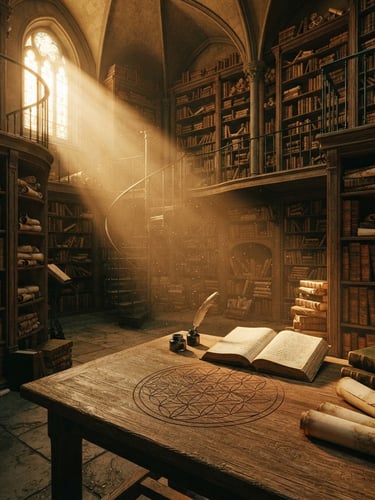 Wide shot of an ancient library interior, shelves filled with leather-bound books and aged parchment scrolls. Dramatic golden-hour sunbeams filter through a high window, illuminating dust motes. A subtle sacred geometry pattern is etched into a wooden table in the foreground. Cinematic moody photography, rich sepia and moss green tones, warm chiaroscuro, 35mm film.