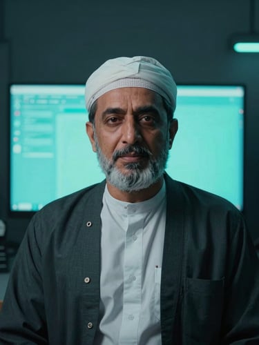Professional, direct-to-camera portrait of Muhammad Imran in a moody technical workspace, subtle cool screen glow, slate and electric teal tones, shallow depth of field.