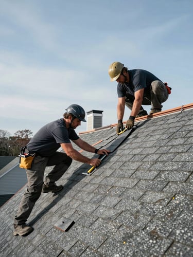 Wide-angle daylight shot of roofing crew actively securing shingles on a steep residential pitch, right side of frame, clear New England sky above, tools and materials visible in sharp focus