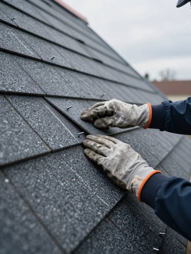 Close-up wide shot of roofer's gloved hands pressing a shingle tab flush against a steep roof deck, visible roofing nails and chalk lines, overcast daylight, sharp material texture