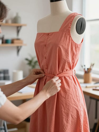 A designer's hands carefully adjusting the drape of a coral-colored cotton dress on a dress form in a bright, sunlit workshop.