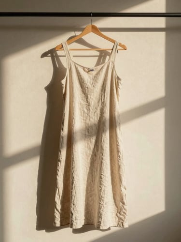 Diffused Florida sunlight illuminating a linen dress hanging on a minimalist rack, soft shadows on a sand-beige wall, editorial crop.