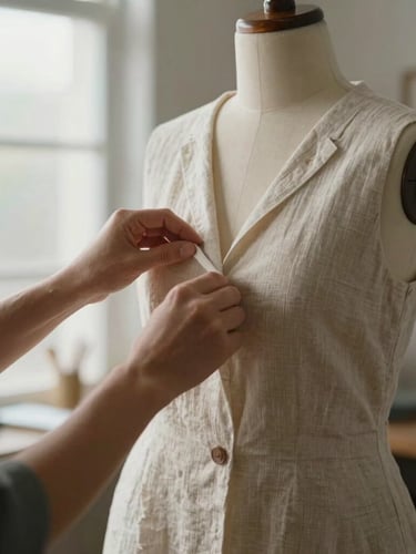 Diffused natural light illuminating a designer's hands adjusting a linen garment drape on a wooden dress form in a sunlit Tampa studio.