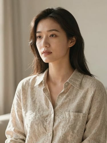 A thoughtful portrait of a professional woman in a sunlit room, neutral linen shirt, looking slightly off-camera, warm morning light, shallow depth of field.