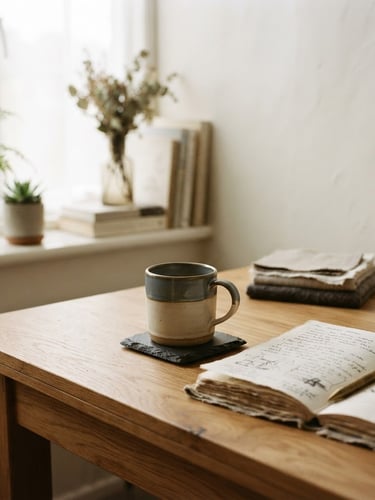 A quiet, sunlit workspace with natural wood and linen textures, soft morning daylight, muted cream and slate tones, shallow depth of field, 35mm