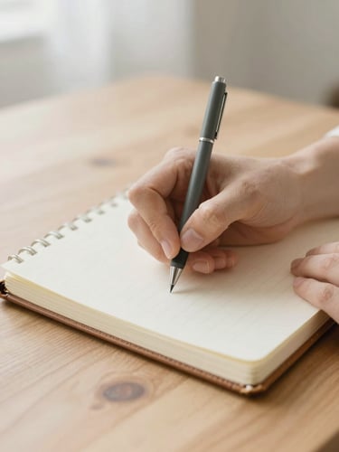A close-up of hands writing in a leather journal on a natural oak desk, soft morning daylight, muted cream tones, shallow depth of field, 35mm