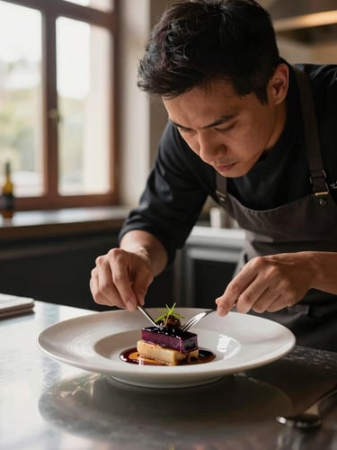 A professional chef in focused motion, artfully plating a modern dish in a beautifully lit kitchen with soft directional evening glow