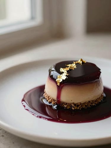 A close-up portrait shot of an artfully plated contemporary dessert with a deep wine reduction drizzle and edible gold leaf, soft natural window light, shallow depth of field, minimalist stone background.