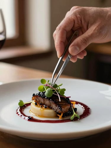 Close-up macro shot of a chef's hands using tweezers to place microgreens on an artfully plated contemporary dish, warm natural window light, rich deep wine and espresso tones, shallow depth of field.