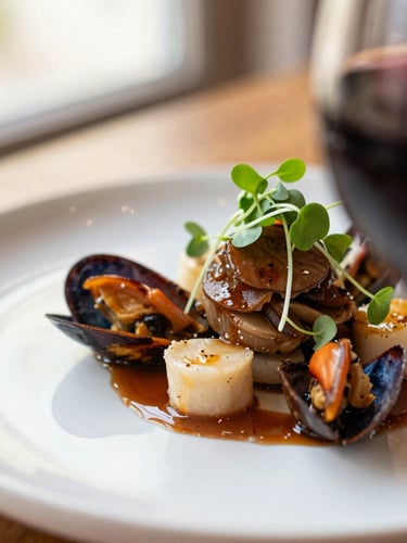 Close-up macro shot of an artfully plated contemporary seafood dish with microgreens, rich espresso and wine tones, shallow depth of field, warm natural light