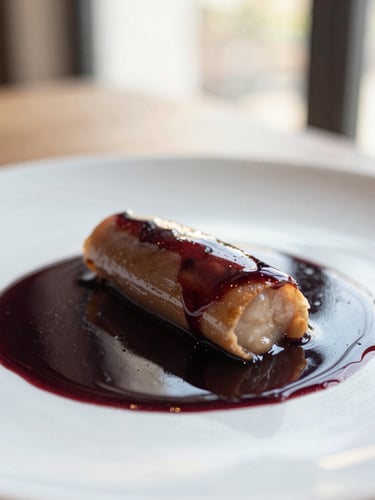 Close-up macro of an artfully plated contemporary dish, rich deep wine sauce drizzle, warm natural window light, shallow depth of field