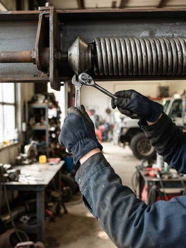 Greencastle garage interior, technician's hands adjusting a heavy-duty torsion spring, natural daylight, focus on mechanical detail, 50mm lens
