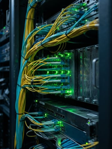 Macro shot of physical server rack fiber optic cabling with green status LED lights reflecting off metal chassis, cool-toned industrial style