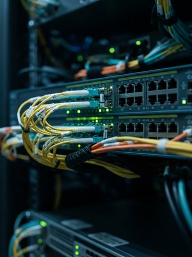 Macro shot of clean fiber optic cabling plugged into a high-density network switch, cool-toned green LED status lights blinking, shallow depth of field