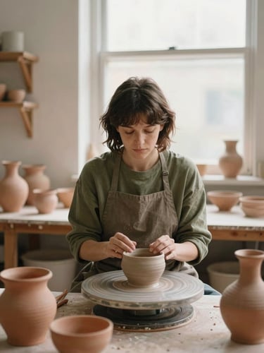 A female ceramicist in a sunlit studio, surrounded by terracotta vessels, warm natural window light, muted tones, 35mm photography