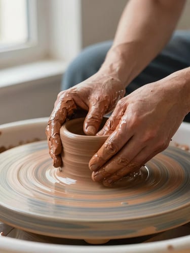 Hands molding wet clay on a pottery wheel, soft side light, focus on textured clay, warm terracotta tones, editorial depth of field