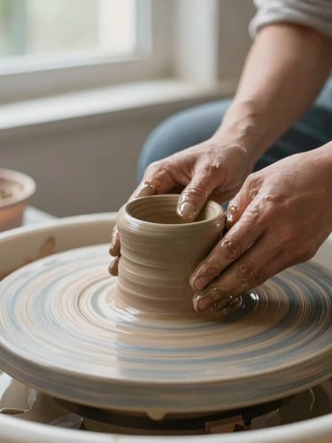 A close-up of hands working on a potter's wheel, wet clay spinning, soft natural window light, muted terracotta tones, shallow depth of field