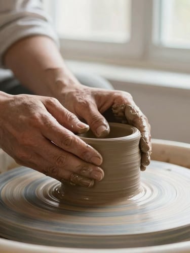 Tight macro shot of ceramic artisan hands molding terracotta clay on a pottery wheel, soft natural window light, shallow depth of field, warm 35mm texture.