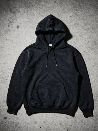 Raw flash photography of a distressed vintage black hoodie flat-lay on cold gray concrete, high contrast, harsh directional shadows, gritty film texture