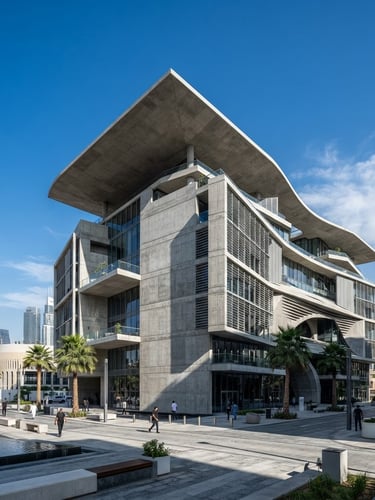 Wide-angle architectural shot of a modern Dubai commercial building with a clean concrete roof under bright desert daylight, sharp shadows, high-contrast cool tones.