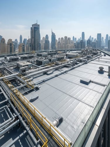 Wide-angle architectural photograph of a modern Dubai commercial tower roof under bright daylight, showing crisp gray waterproofing membranes and technical execution.