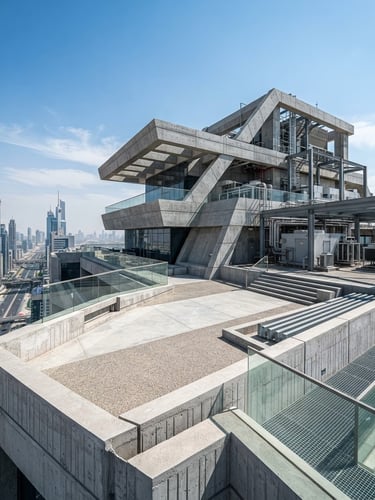 Sharp architectural photo of a modern high-rise rooftop in Dubai under bright daylight, showing clean geometric concrete lines and professional engineering execution.