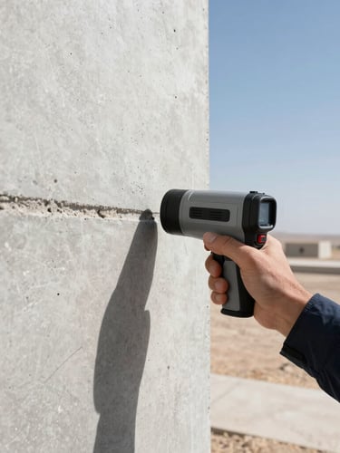Close-up of a technical operator using a thermal imaging camera to detect moisture failure points on a concrete structure, high-contrast cool tones.