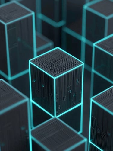 Dark abstract 3D render of structural wireframe grids with sharp neon cyan edge lighting, macro depth of field