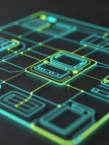 Abstract 3D wireframe grid of a structured technical workspace interface, glowing neon cyan and cyber lime lines on obsidian background, macro depth of field