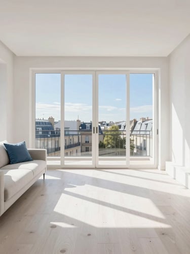 Bright high-key interior photography of a sunlit modern Parisian living room, minimalist design, pristine white oak floors, soft blue accents on cushions, warm natural daylight, professional editorial style.