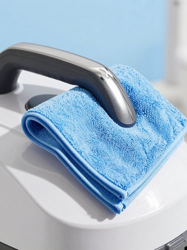 Close-up of professional cleaning equipment, a high-end microfiber cloth wiping a sleek metal handle, sharp focus, bright high-key lighting.