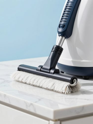 Close-up of professional cleaning equipment on a pristine marble countertop, soft sky blue lighting accents, sharp focus, high-key editorial style.