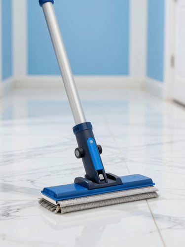 Close-up of professional cleaning equipment on an immaculate marble hallway floor, sharp focus, bright high-key lighting, sky blue accents, professional editorial style.