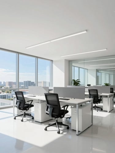 Bright modern open-space office flooded with natural daylight, pristine glass partitions, clean minimalist desks, professional editorial style.